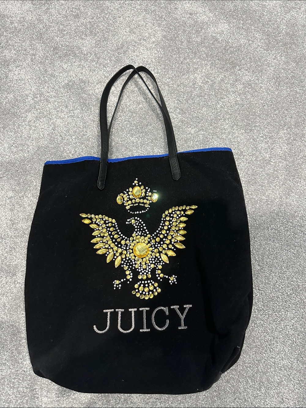 Juicy Couture Black Tote with Gold Rhinestone Eagle and Blue Trim